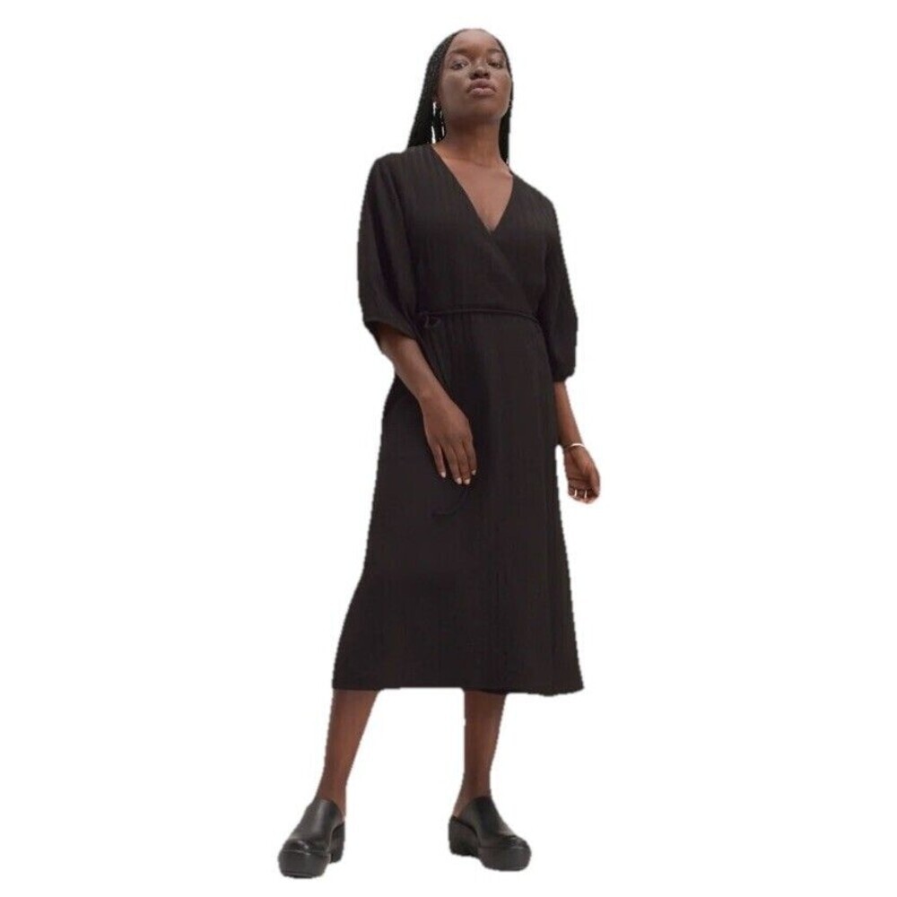 Everlane Women’s Black Ribbed Wrap Dress Short Sleeve Tie Waist Size 6 NWT